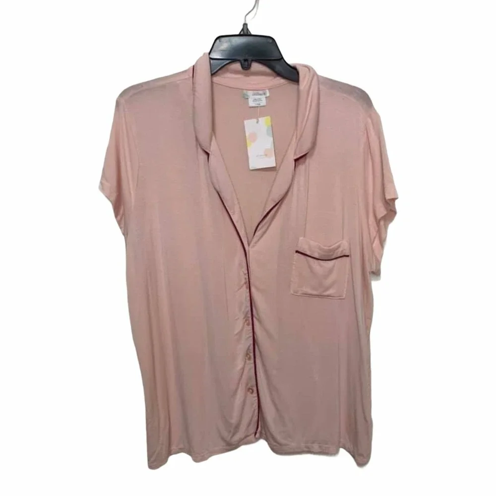 Shimera Pink Modal Button‎ Down Pajama Top Short Sleeve Contrast Piping XL NEW